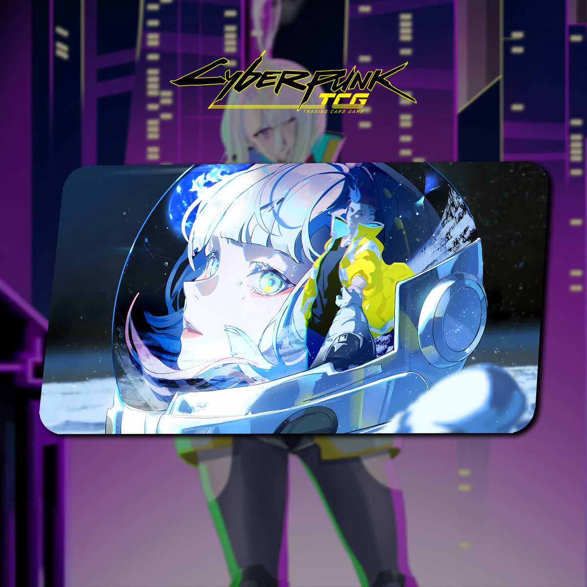 Playmat Lucy & David Space - Cyberpunk TCG / 24"x14" inches (600x350x2mm) / Stitched Edge