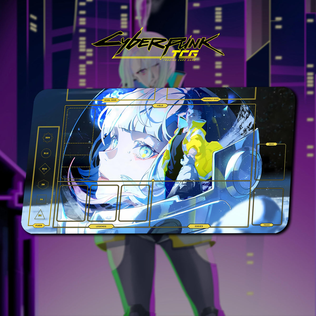 Playmat Lucy & David Space - Cyberpunk TCG / 24"x14" inches (600x350x2mm) / Stitched Edge